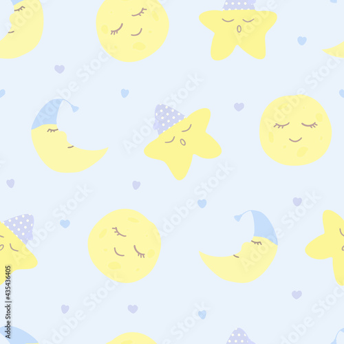 Vector seamless pattern with moon (crescent), stars and hearts on blue. For wallpapers, fabric, textile and linen, print clothes and pajamas, gift and wrapping paper, invitation to pajama party.