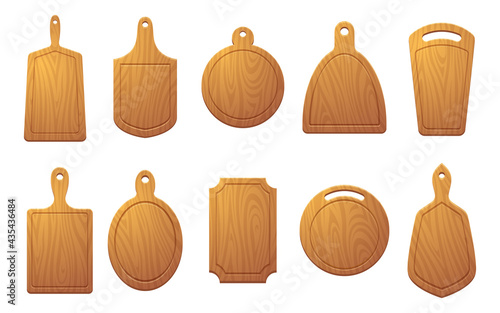 Cutting table for food. Wooden plate for pizza or natural sliced products exact vector colored illustrations isolated