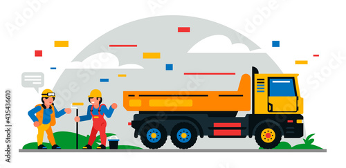 Construction equipment and workers at the site. Colorful background of geometric shapes and clouds. Builders, construction equipment, service personnel, truck, woman, painter. Vector illustration.