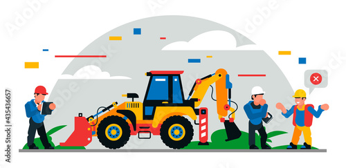 Construction equipment and workers at the site. Colorful background of geometric shapes and clouds. Builders, construction equipment, maintenance personnel, tractor, foreman. Vector illustration. © kostymo