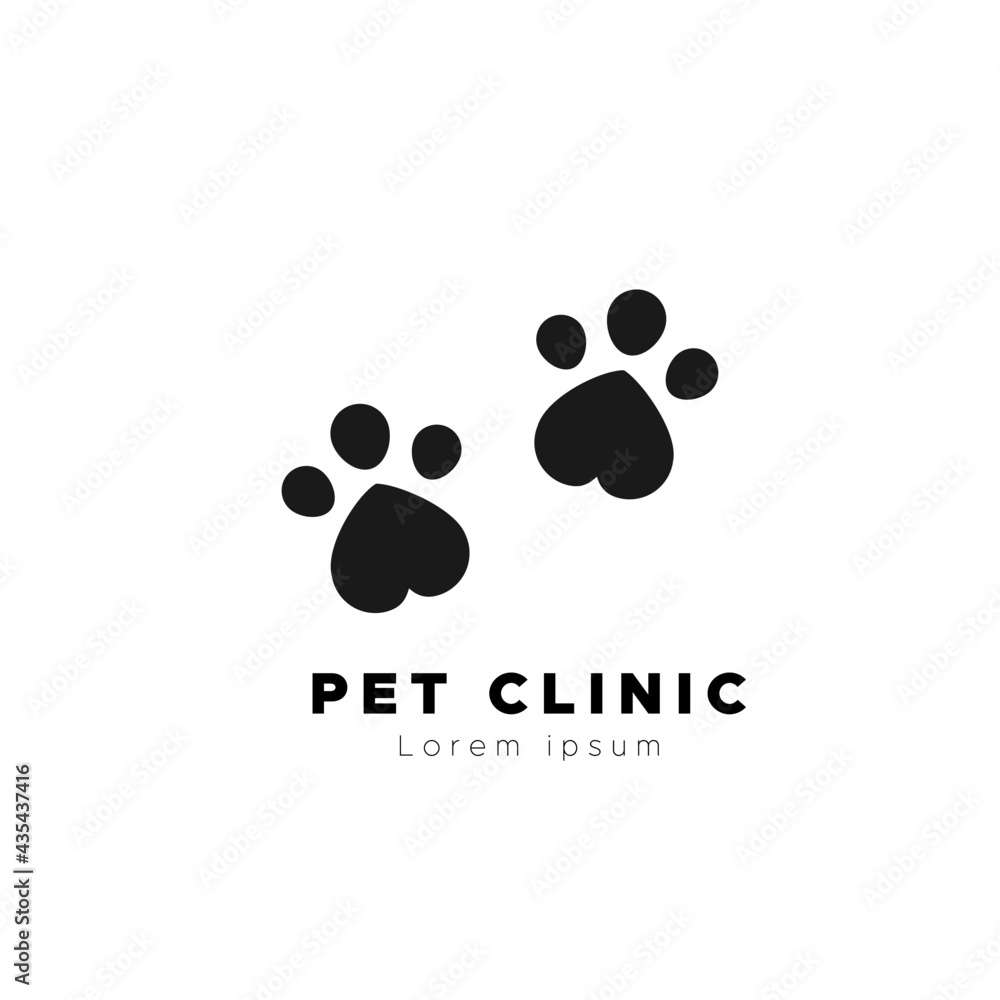 Pet clinic logo. Animal footprints with heart shape. Black. Vector illustration, flat design Pet clinic logo. Animal footprints with heart shape. Black. Vector illustration, flat design