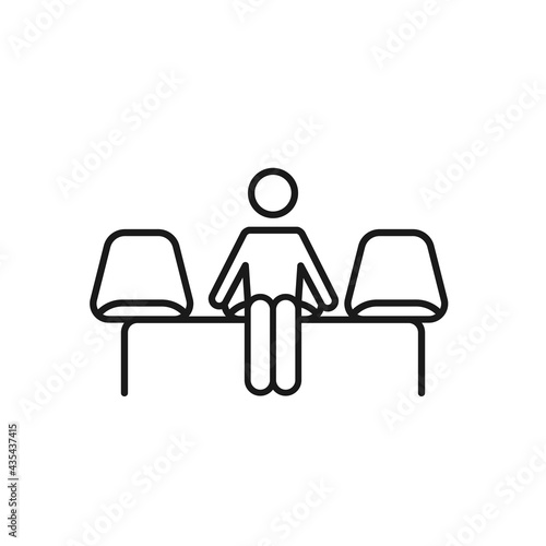 Waiting room icon. Black thick outline. Three chairs with a human pictogram. Vector illustration, flat design