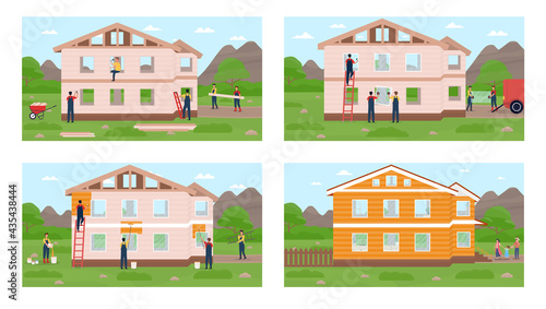 Group of professional builders is constructing modern private houses from bricks and wooden boards or planks