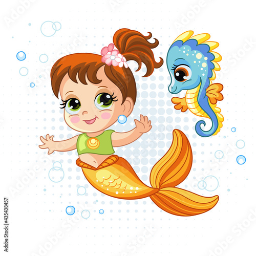 Cute baby mermaid and little seahorse vector cartoon illustration