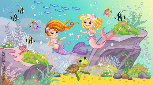 Sea world wildlife background with two mermaids vector