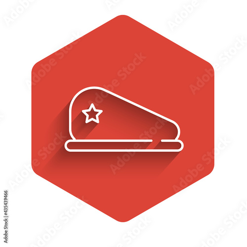 White line Military beret icon isolated with long shadow. Soldiers cap. Army hat. War baret. Red hexagon button. Vector