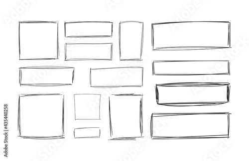 Vector sketched squares, blank drawings, frames isolated on white background, black lines, rectangular and square shapes.