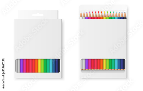 Realistic set of boxes with colored pencils. Open and closed box. Wooden colorful crayons in blank white packaging. Stationery tools for school. Top view. Branding design template. Vector illustration