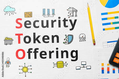 Concept sto or Security Token Offering with abstract icons. photo
