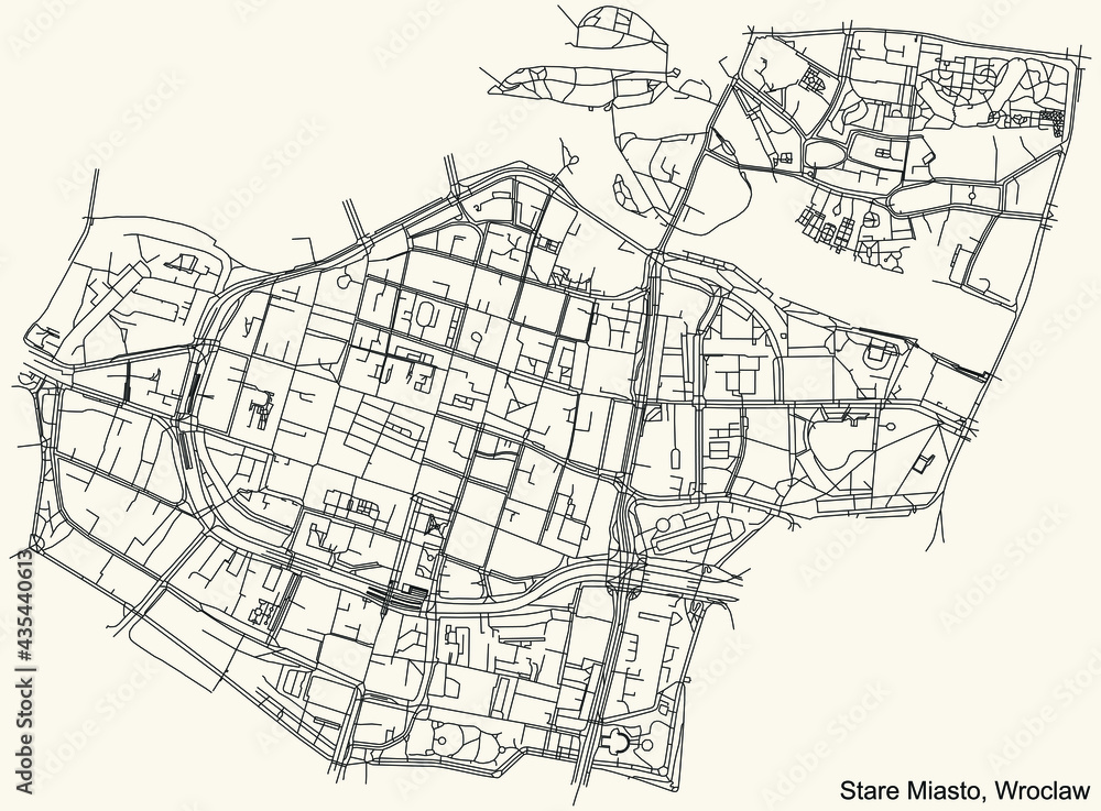 Black simple detailed street roads map on vintage beige background of the quarter Stare Miasto district of Wroclaw, Poland