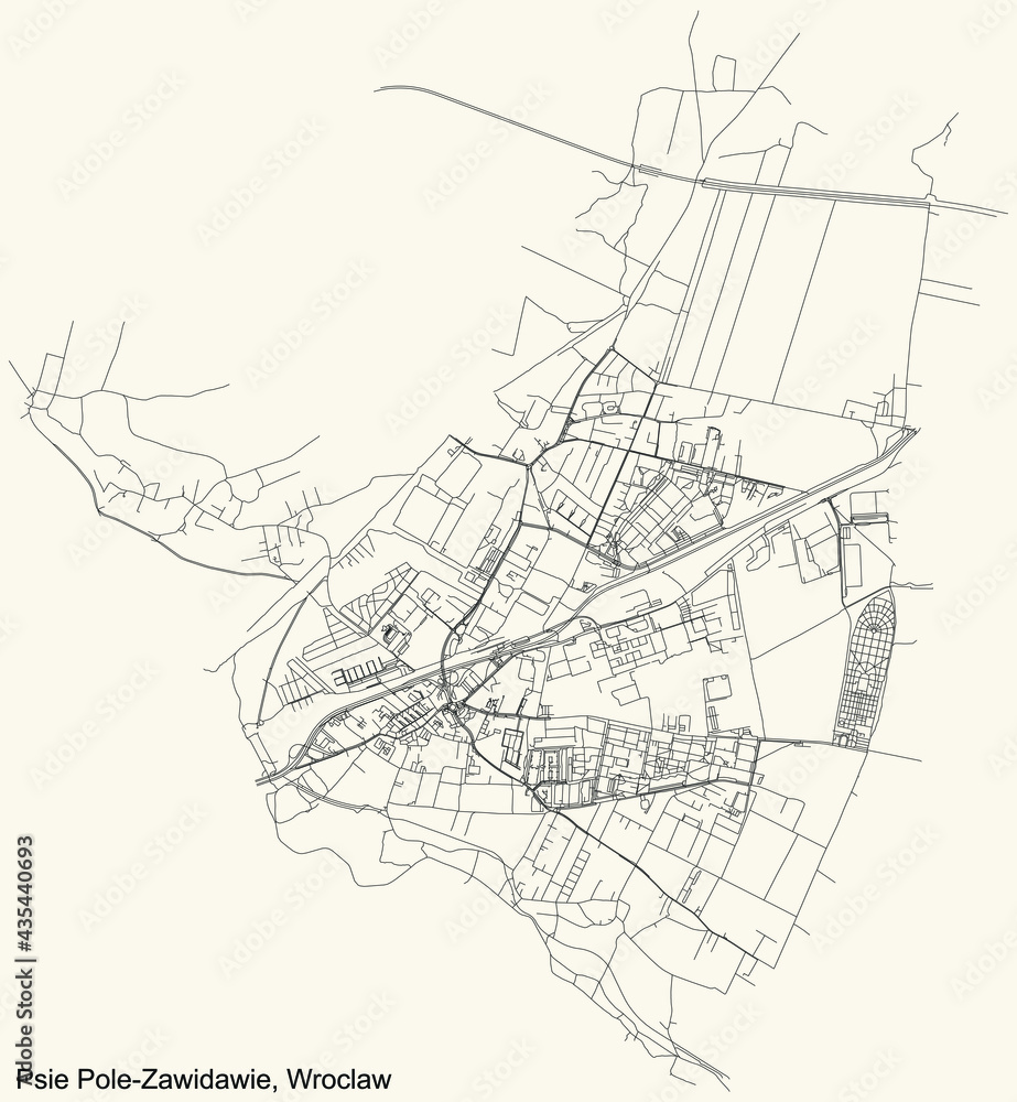 Black simple detailed street roads map on vintage beige background of the quarter Psie Pole-Zawidawie district of Wroclaw, Poland