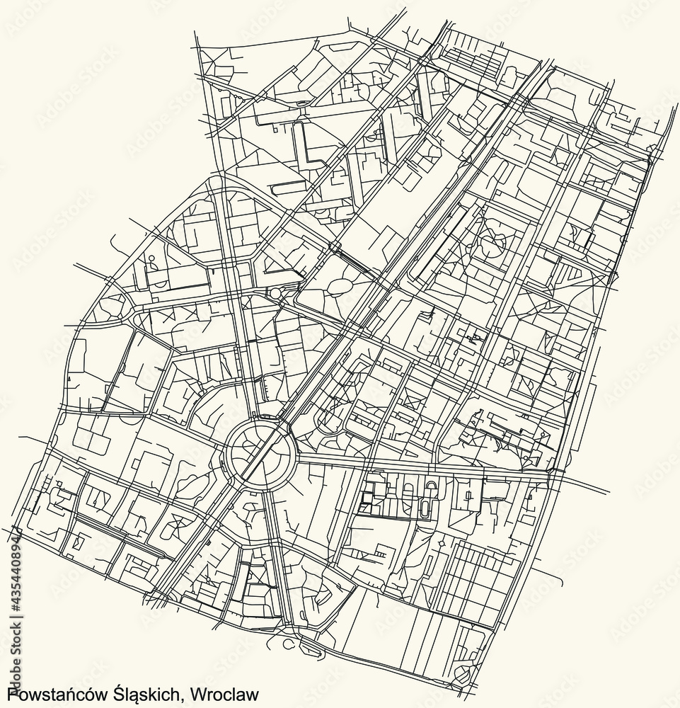 Black simple detailed street roads map on vintage beige background of the quarter Powstańców Śląskich district of Wroclaw, Poland