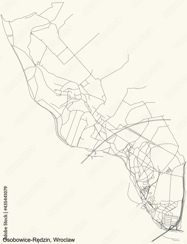 Black simple detailed street roads map on vintage beige background of the quarter Osobowice-Rędzin district of Wroclaw, Poland