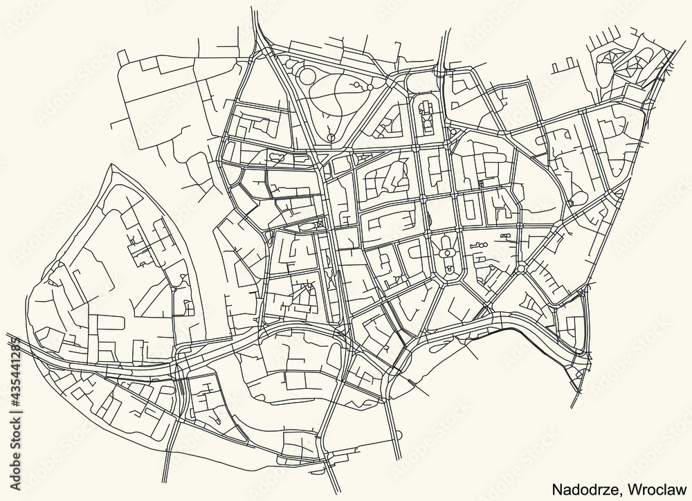 Black simple detailed street roads map on vintage beige background of the quarter Nadodrze district of Wroclaw, Poland