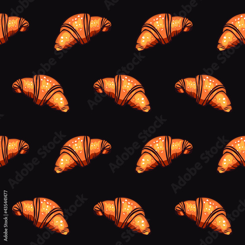 Vector seamless pattern of fresh and tasty croissant on a brown background.