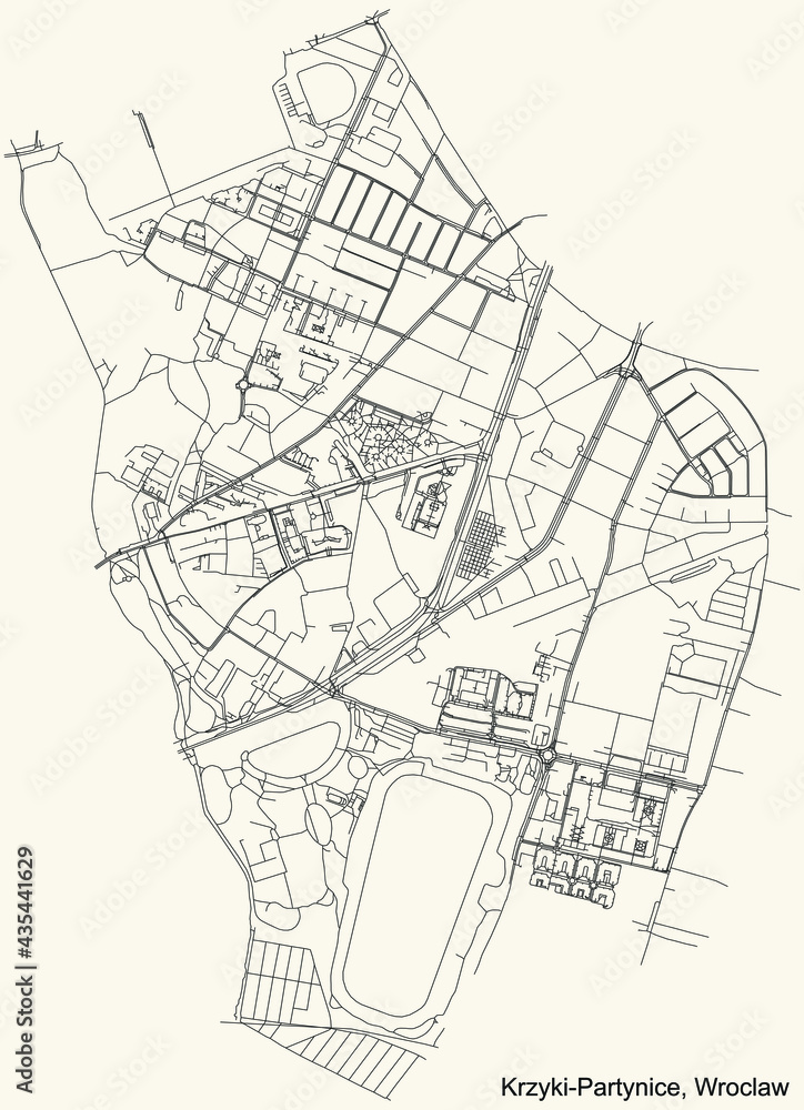 Black simple detailed street roads map on vintage beige background of the quarter Krzyki-Partynice district of Wroclaw, Poland