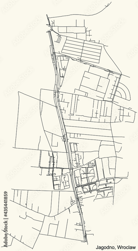 Black simple detailed street roads map on vintage beige background of the quarter Jagodno district of Wroclaw, Poland