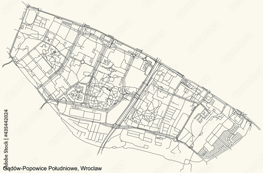 Black simple detailed street roads map on vintage beige background of the quarter Gądów-Popowice Południowe district of Wroclaw, Poland