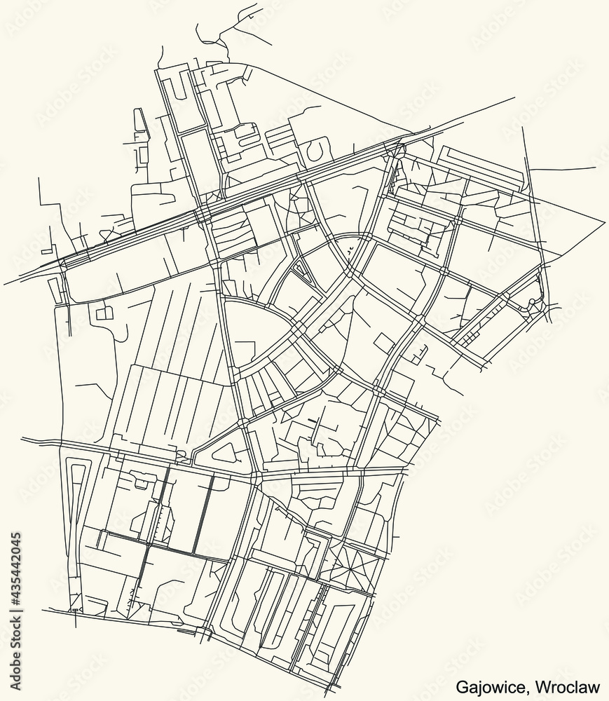 Black simple detailed street roads map on vintage beige background of the quarter Gajowice district of Wroclaw, Poland