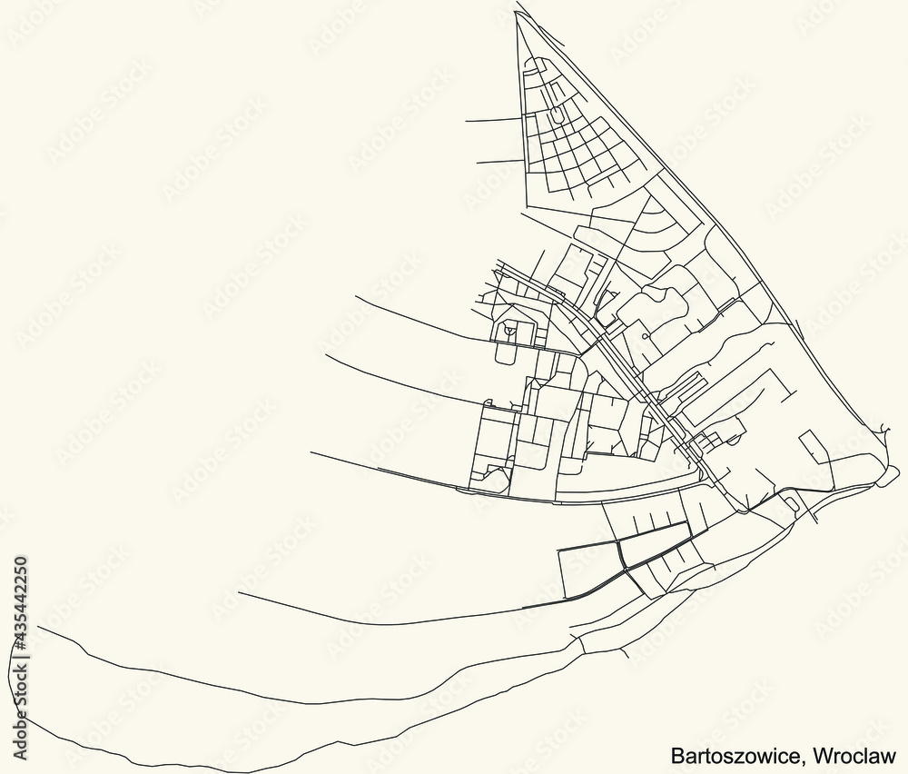 Black simple detailed street roads map on vintage beige background of the quarter Bartoszowice district of Wroclaw, Poland