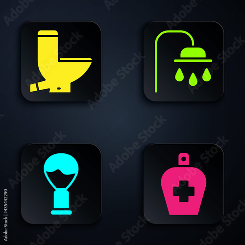 Set Bottle of liquid antibacterial soap, Toilet bowl, Shaving brush and Shower head. Black square button. Vector