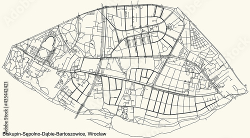 Black simple detailed street roads map on vintage beige background of the quarter Biskupin-Sępolno-Dąbie-Bartoszowice district of Wroclaw, Poland