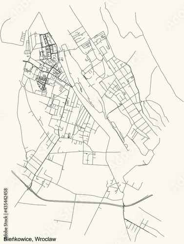 Black simple detailed street roads map on vintage beige background of the quarter Bieńkowice district of Wroclaw, Poland