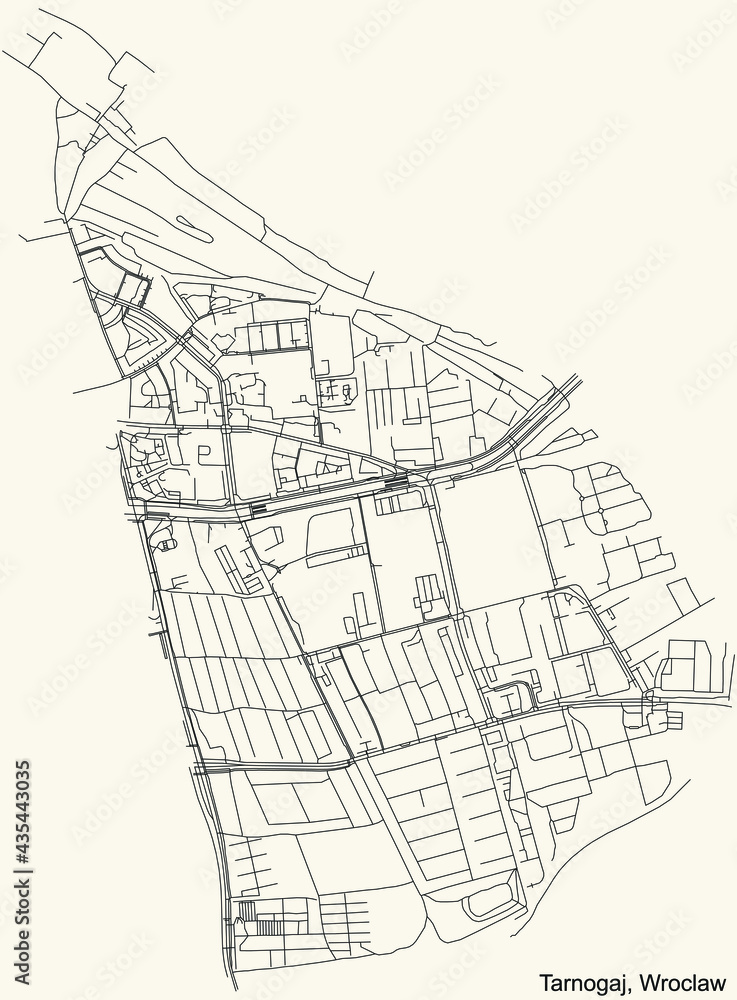 Black simple detailed street roads map on vintage beige background of the quarter Tarnogaj district of Wroclaw, Poland