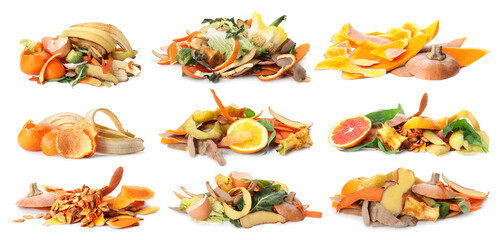 Set with organic waste for composting on white background. Banner design