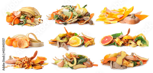Set with organic waste for composting on white background. Banner design