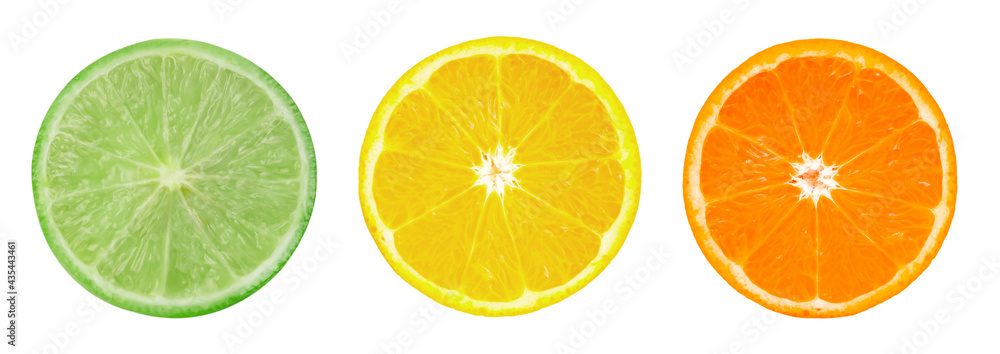 Fototapeta premium Isolated citrus slices. Fresh fruits cut in half (orange, lime, lemon) isolated on white background .