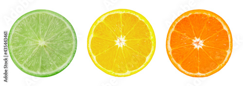 Isolated citrus slices. Fresh fruits cut in half (orange, lime, lemon) isolated on white background .