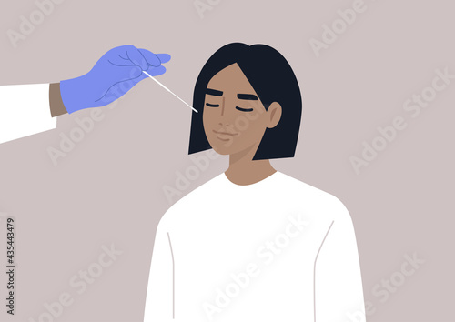A young female character takes a medical covid-19 PCR test, a hand in a protective glove holding a cotton swab