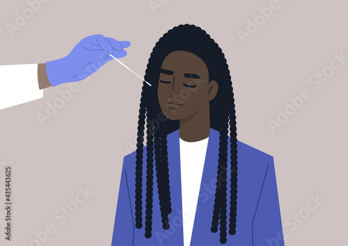 A young female Black character takes a medical covid-19 PCR test, a hand in a protective glove holding a cotton swab