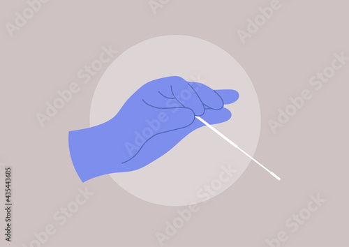 A hand wearing a protective glove and holding a cotton swab, a PCR covid-19 express test