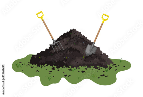 Hummus peat soil. Peat organic soil heap with a shovel. Flat vector doodle illustration.