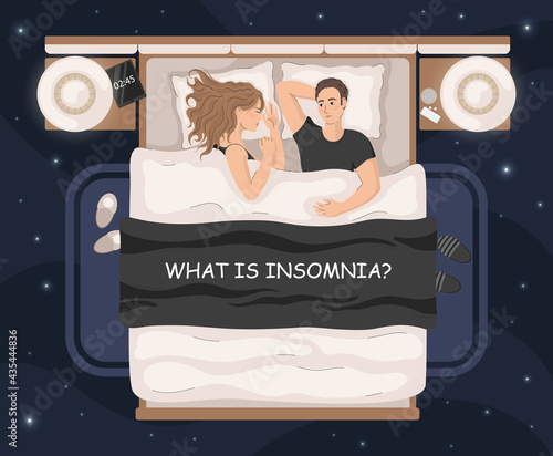 Insomnia concept vector illustration. Young man lying in bed with open eyes with woman. What causes insomnia banner.