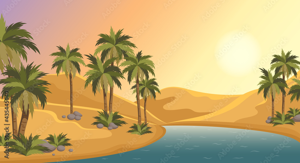 Oasis in the middle of the desert. Palm trees, pond and sands of Arabia. Egypt hot dunes with palm trees