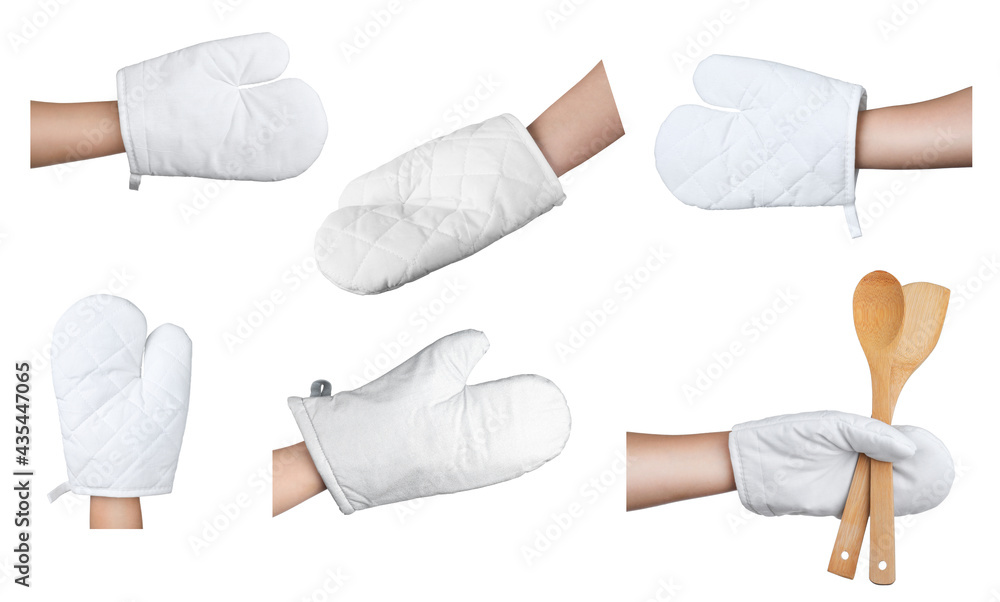 Closeup view of chefs in oven gloves, collage Closeup view of chefs in oven gloves, collage