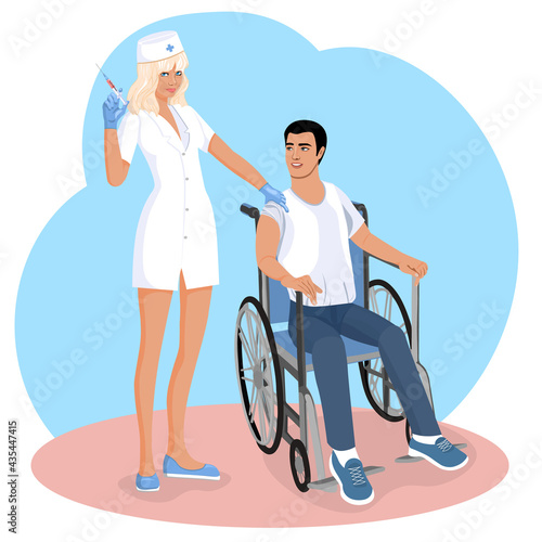 A beautiful nurse vaccinates a person in a wheelchair