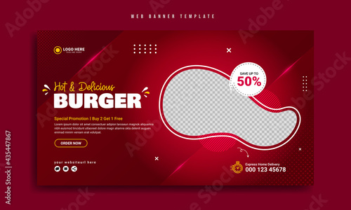 Fast food restaurant web banner template design. Healthy burger online sale promotion cover or flyer. Website creative graphic background with logo & icon. Social media marketing video thumbnail.    