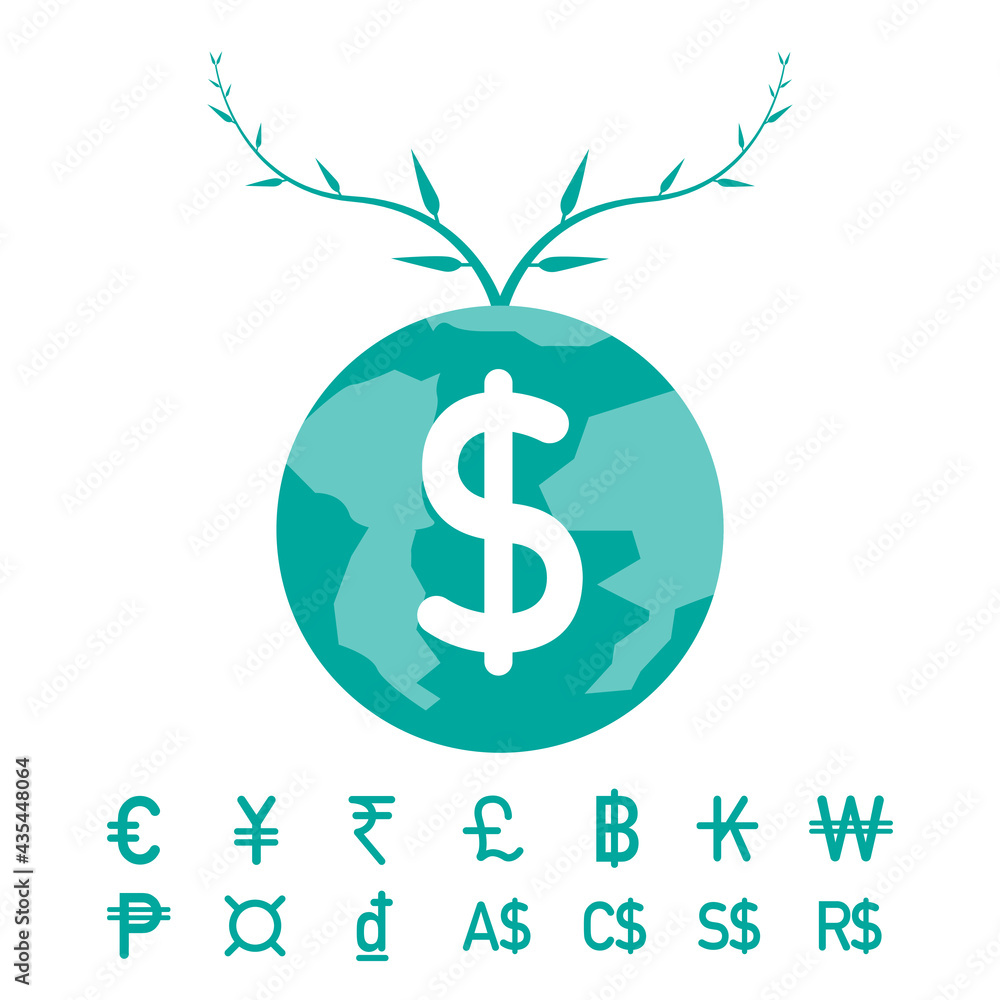 The growing tree on the globe.The growth of the currency in the world icon. World reserve currencies concept. Flat style vector illustration clip art. The growing tree on the globe.The growth of the currency in the world icon. World reserve currencies concept. Flat style vector illustration clip art.