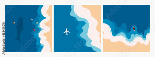 Aerial view of ocean waves reaching the coastline. Beach, sand, sea shore with blue waves. Top view overhead seaside. Hand drawn Vector illustrations. Set of three isolated cards