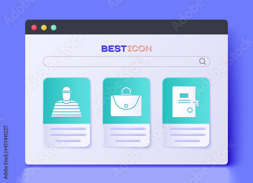 Set Briefcase, Prisoner and Lawsuit paper icon. Vector