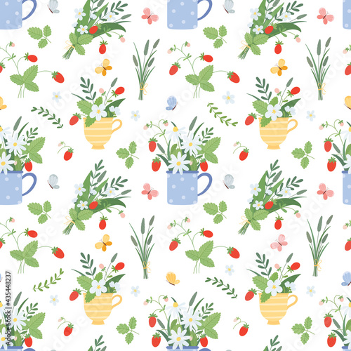 Seamless summer pattern with butterflies and bouquets of wildflowers and wild strawberries.