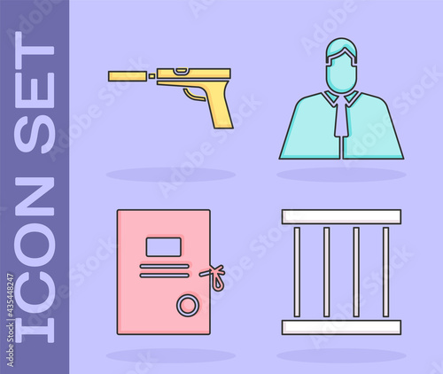 Set Prison window, Pistol or gun with silencer, Lawsuit paper and Lawyer, attorney, jurist icon. Vector