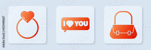 Set Speech bubble with I love you, Wedding rings and Handbag. White square button. Vector