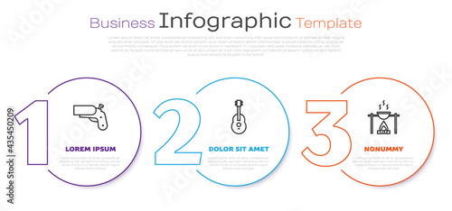 Set line Flare gun pistol, Guitar and Campfire and pot. Business infographic template. Vector