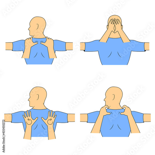 Massage set. Yumeiho therapy. Instructions for performing massage techniques, warm-up of the trapezius muscle. Simple vector illustration for physical therapy guidelines, websites and prints.