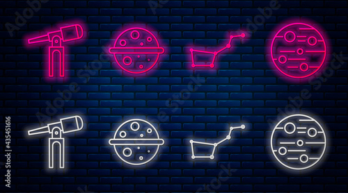 Set line Planet Venus, Great Bear constellation, Telescope and Planet Mars. Glowing neon icon on brick wall. Vector